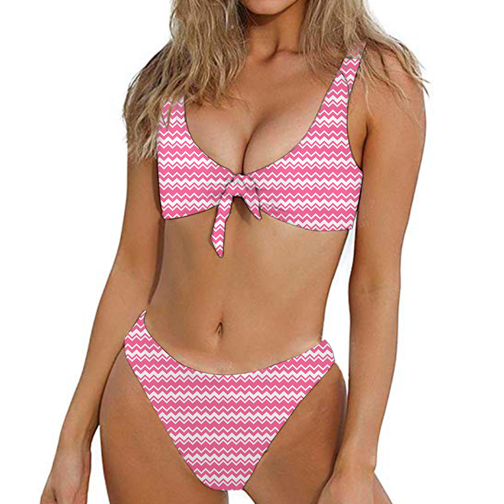 Pink And White Zigzag Pattern Print Front Bow Tie Bikini
