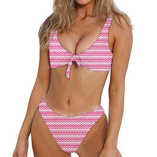 Pink And White Zigzag Pattern Print Front Bow Tie Bikini