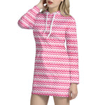 Pink And White Zigzag Pattern Print Hoodie Dress