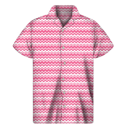 Pink And White Zigzag Pattern Print Men's Short Sleeve Shirt