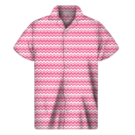 Pink And White Zigzag Pattern Print Men's Short Sleeve Shirt
