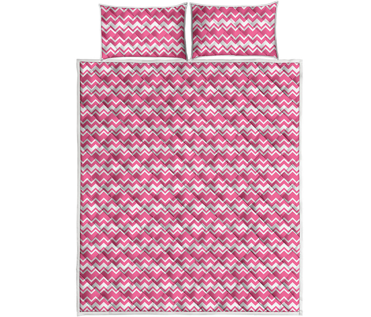 Pink And White Zigzag Pattern Print Quilt Bed Set