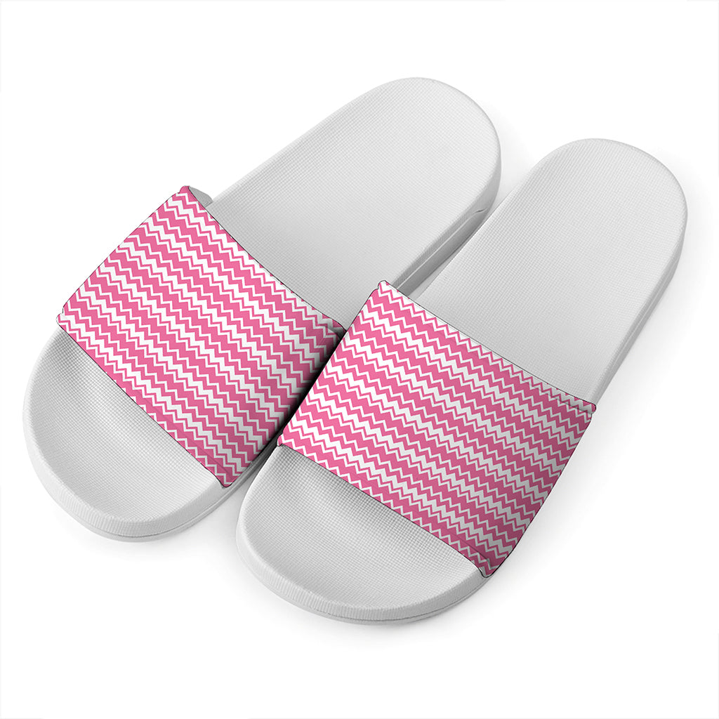 Pink And White Zigzag Pattern Print White Slide Sandals