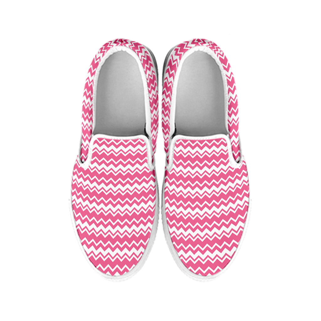 Pink And White Zigzag Pattern Print White Slip On Shoes