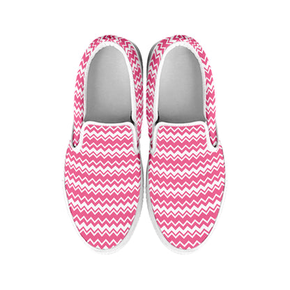 Pink And White Zigzag Pattern Print White Slip On Shoes