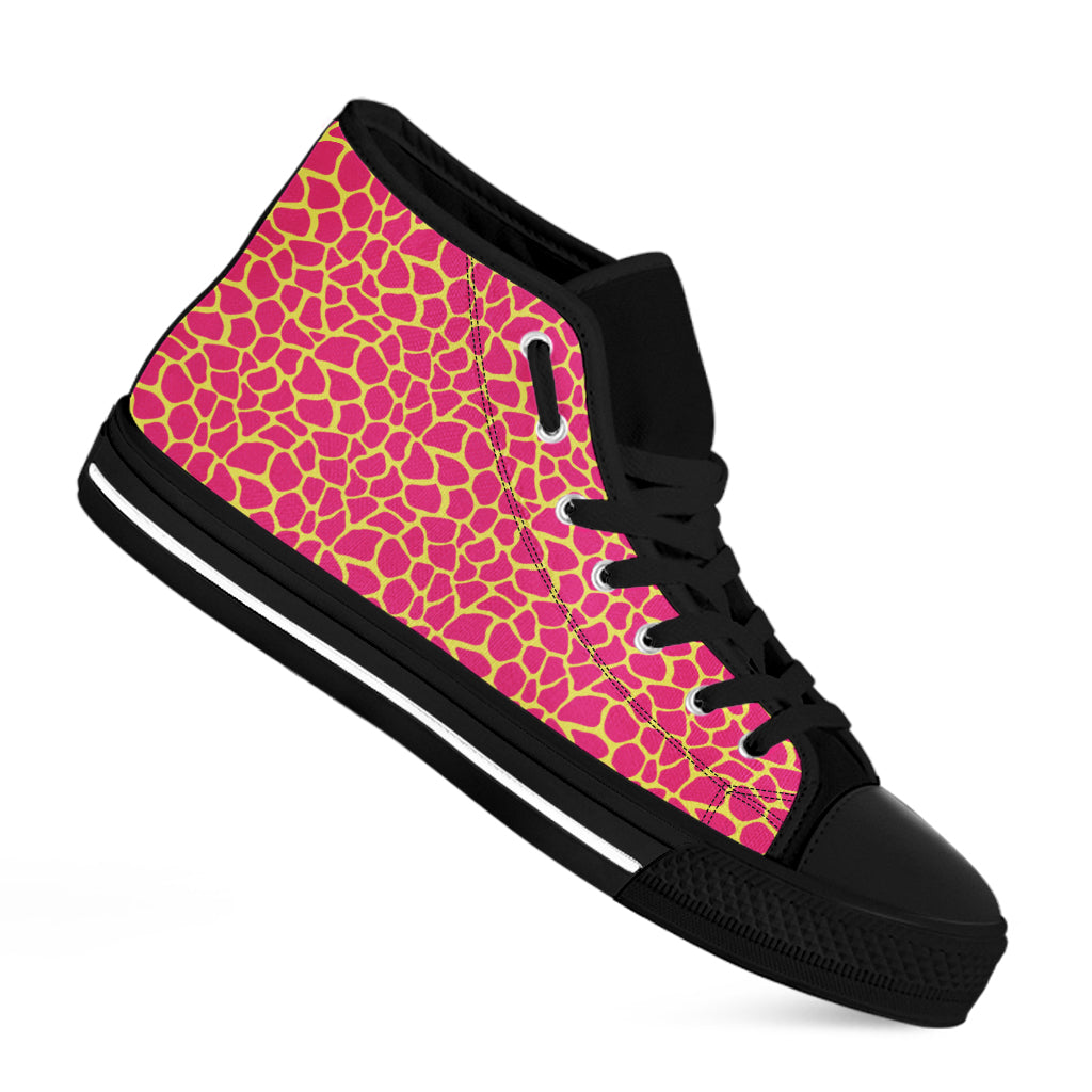 Pink And Yellow Giraffe Pattern Print Black High Top Shoes