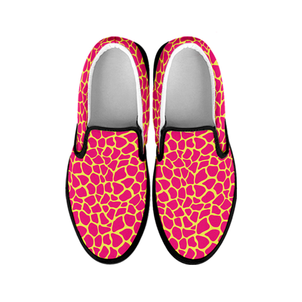 Pink And Yellow Giraffe Pattern Print Black Slip On Shoes