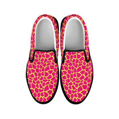 Pink And Yellow Giraffe Pattern Print Black Slip On Shoes