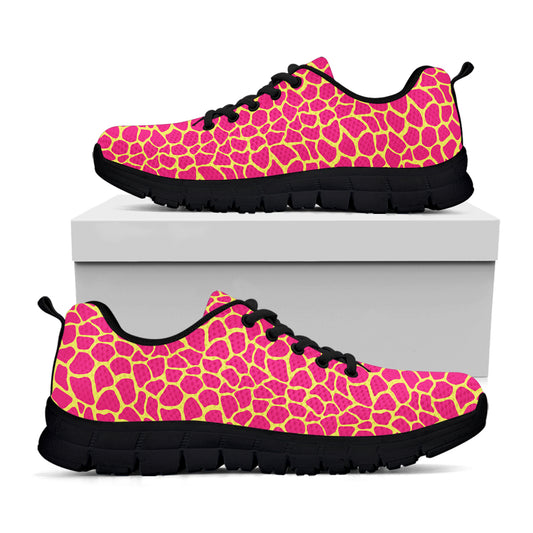 Pink And Yellow Giraffe Pattern Print Black Sneakers
