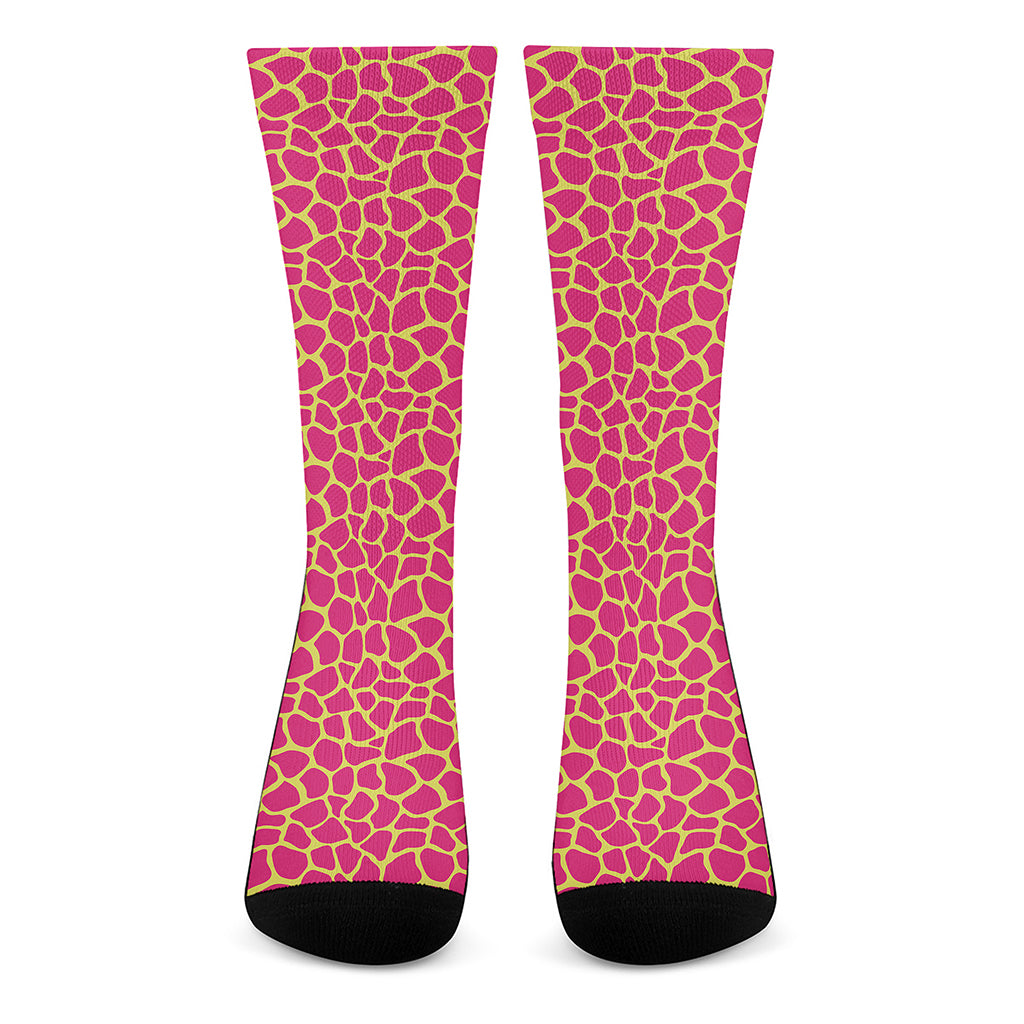 Pink And Yellow Giraffe Pattern Print Crew Socks