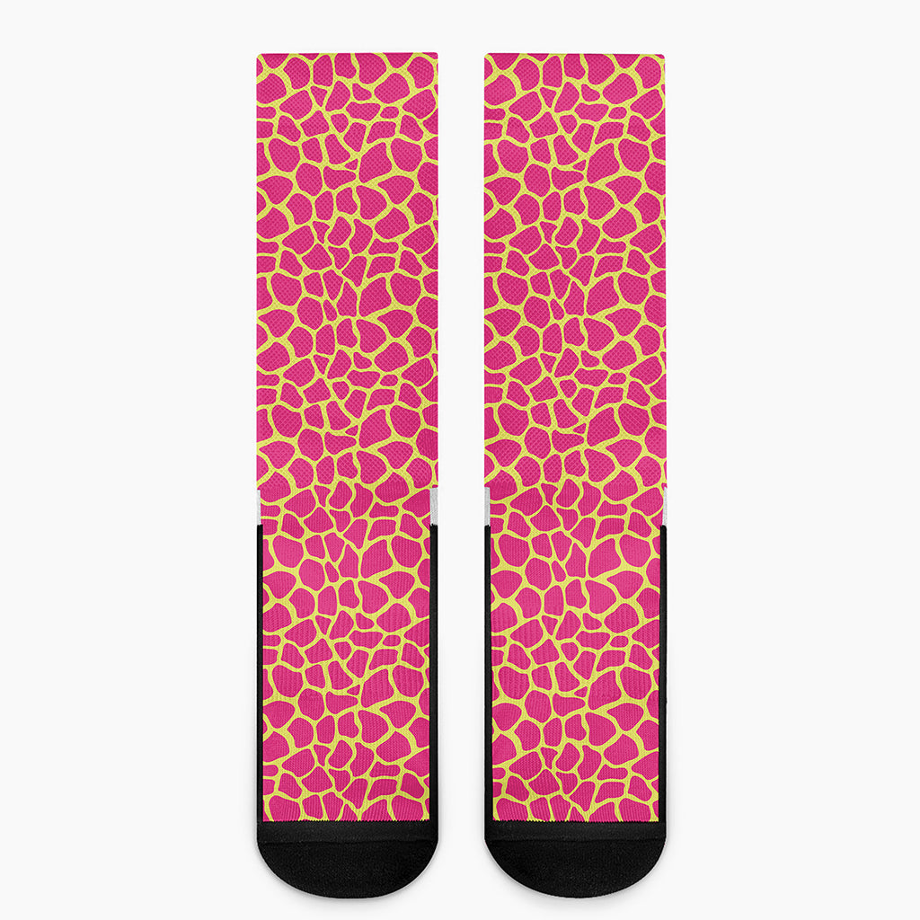 Pink And Yellow Giraffe Pattern Print Crew Socks