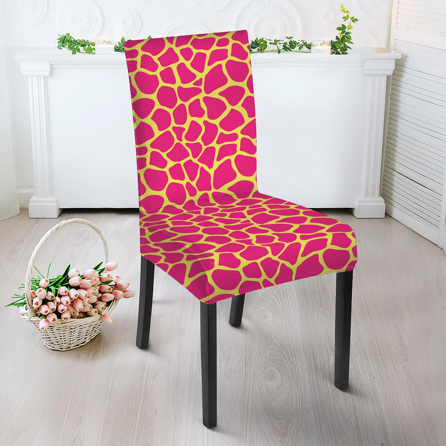 Pink And Yellow Giraffe Pattern Print Dining Chair Slipcover
