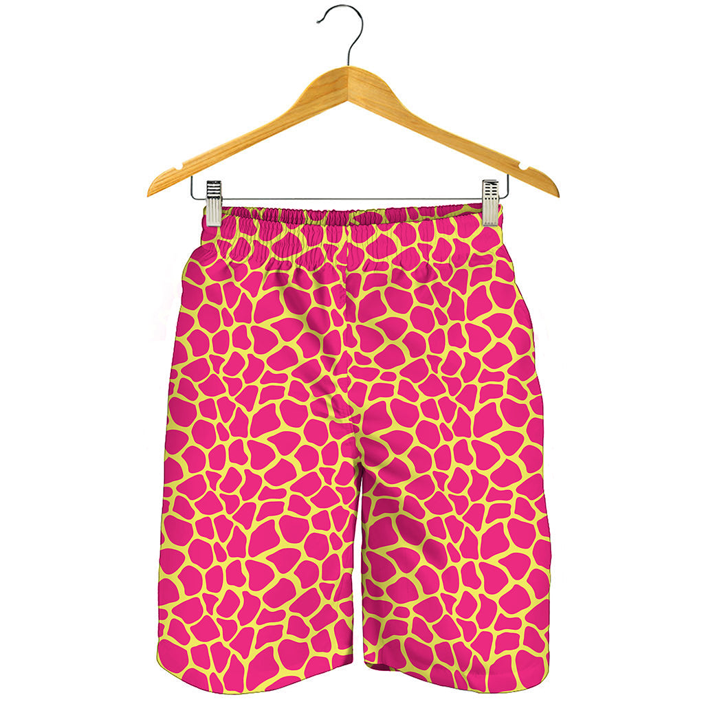 Pink And Yellow Giraffe Pattern Print Men's Shorts