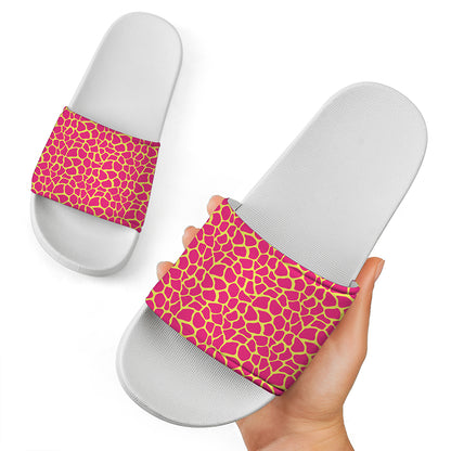 Pink And Yellow Giraffe Pattern Print White Slide Sandals