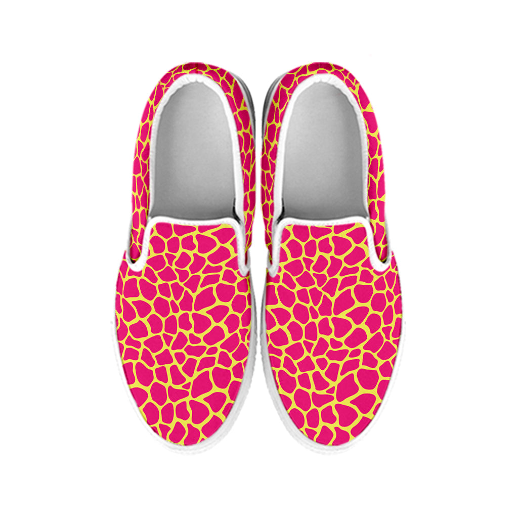 Pink And Yellow Giraffe Pattern Print White Slip On Shoes