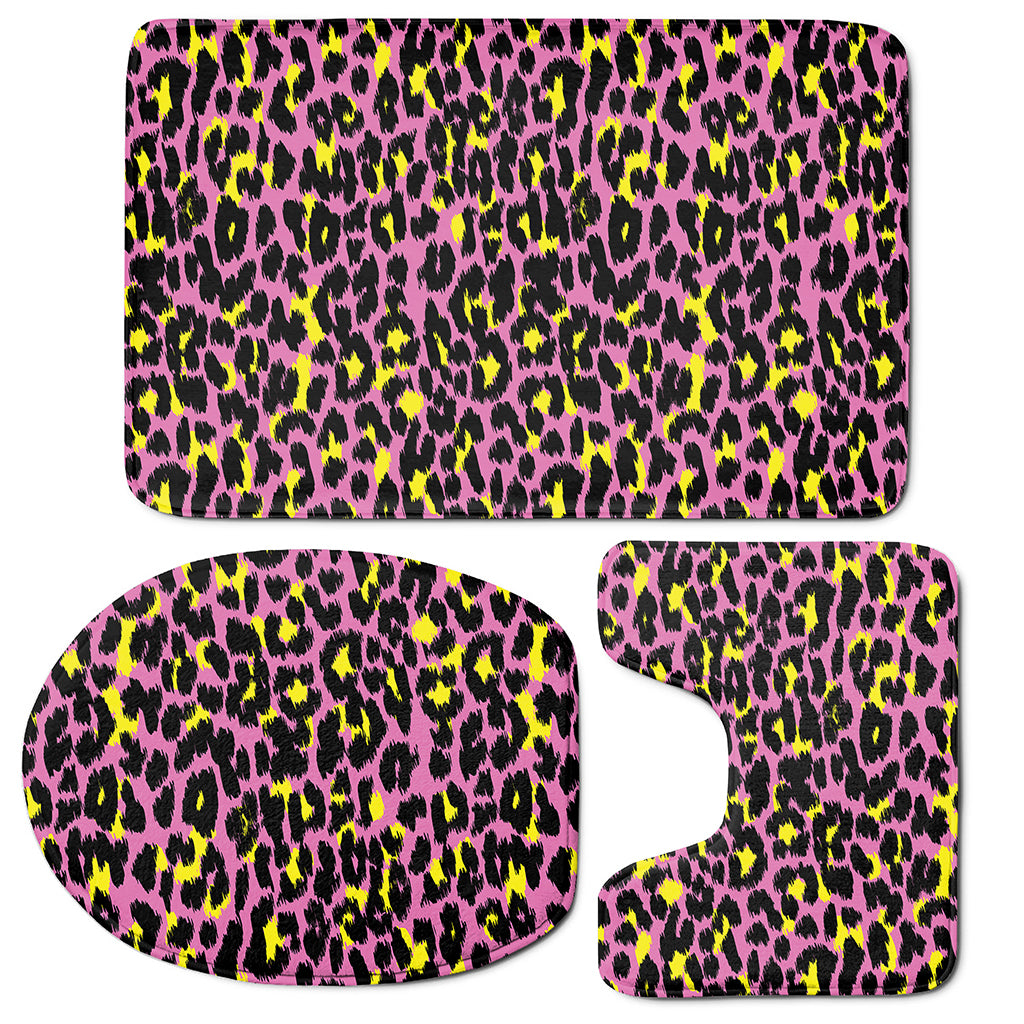 Pink And Yellow Leopard Print 3 Piece Bath Mat Set