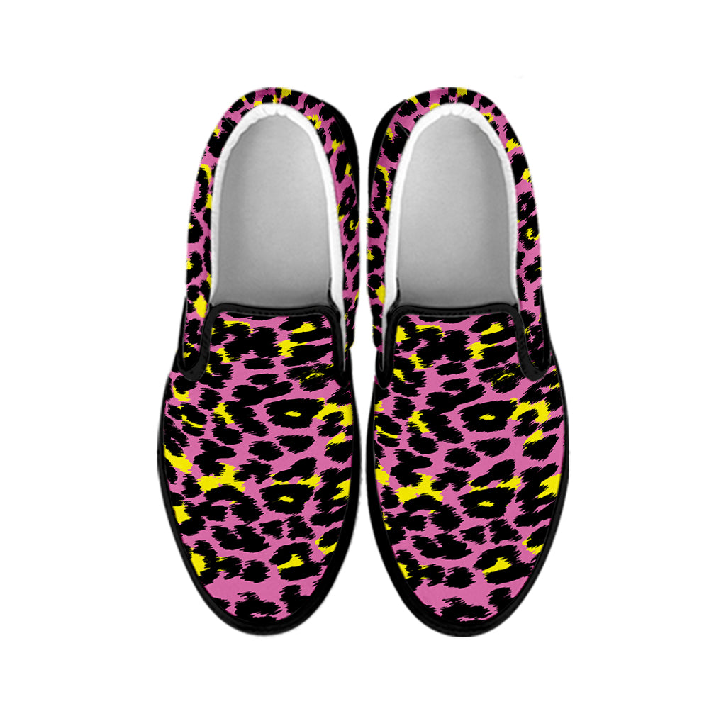 Pink And Yellow Leopard Print Black Slip On Shoes