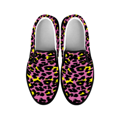 Pink And Yellow Leopard Print Black Slip On Shoes