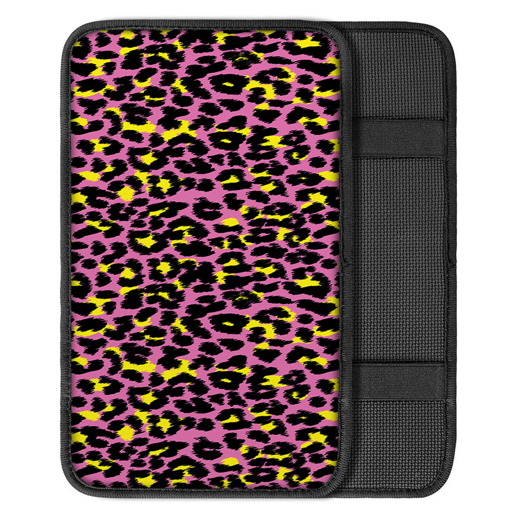 Pink And Yellow Leopard Print Car Center Console Cover