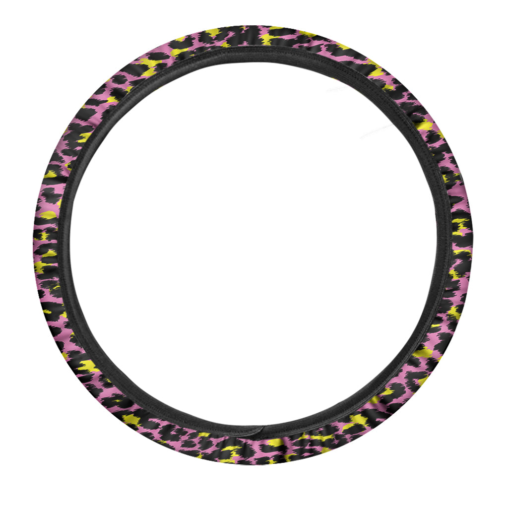 Pink And Yellow Leopard Print Car Steering Wheel Cover