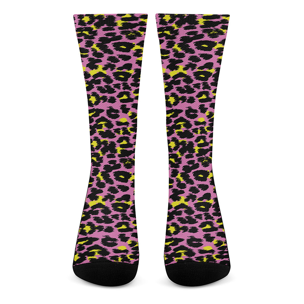 Pink And Yellow Leopard Print Crew Socks