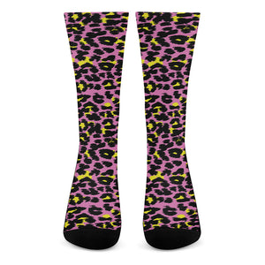 Pink And Yellow Leopard Print Crew Socks