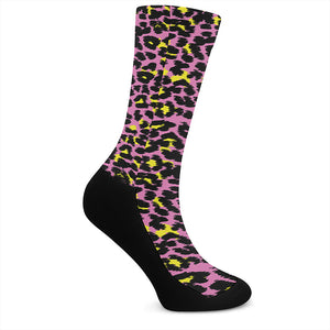 Pink And Yellow Leopard Print Crew Socks