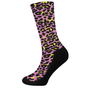 Pink And Yellow Leopard Print Crew Socks