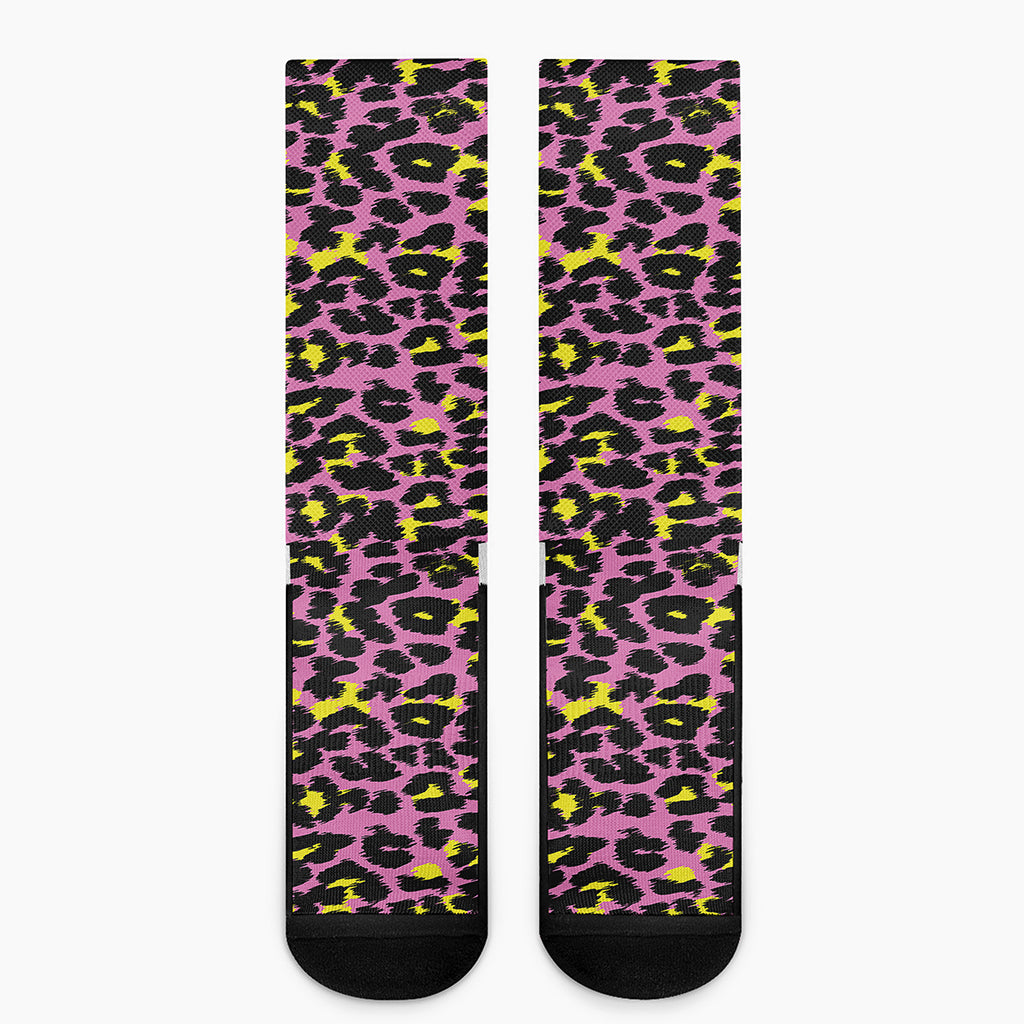 Pink And Yellow Leopard Print Crew Socks