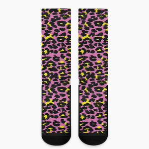 Pink And Yellow Leopard Print Crew Socks