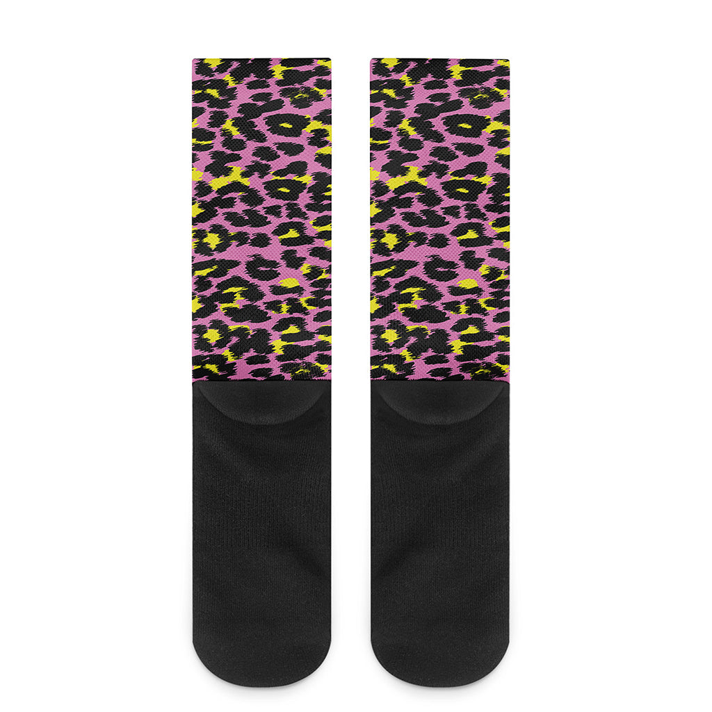 Pink And Yellow Leopard Print Crew Socks