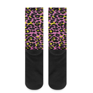 Pink And Yellow Leopard Print Crew Socks