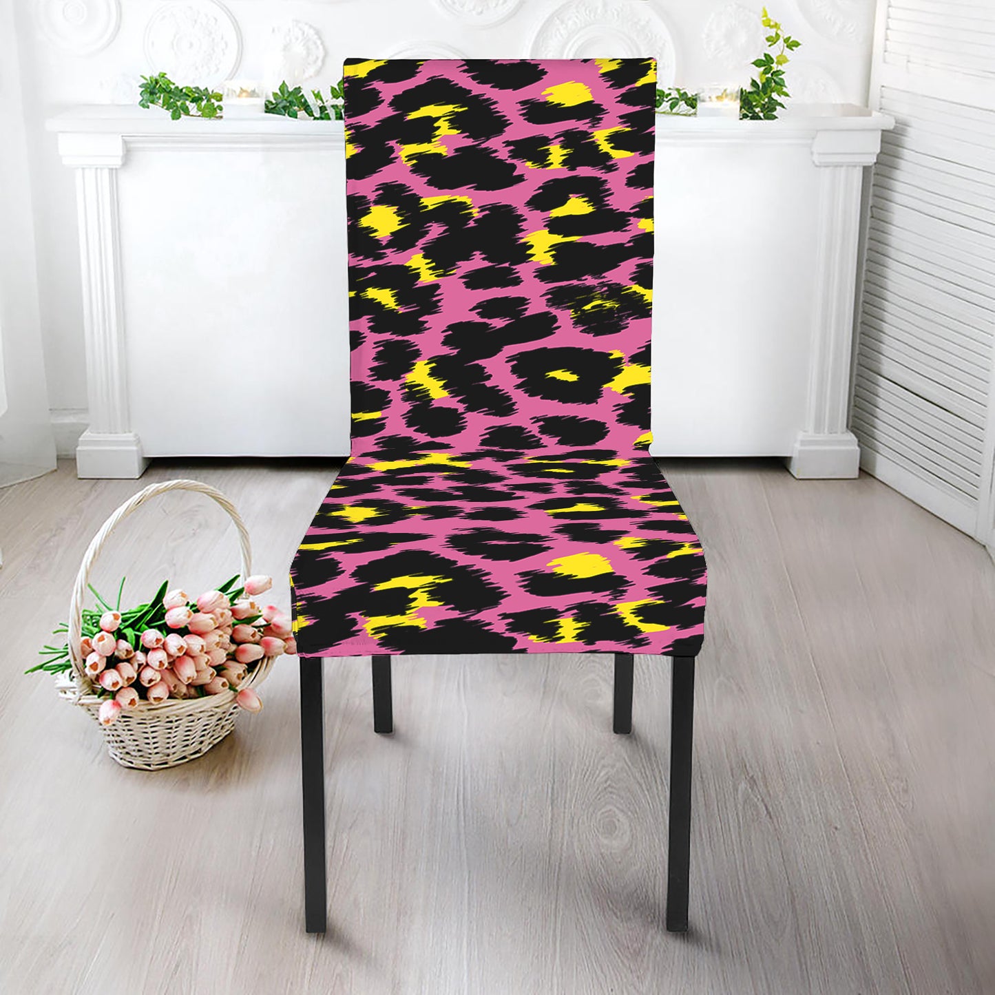 Pink And Yellow Leopard Print Dining Chair Slipcover