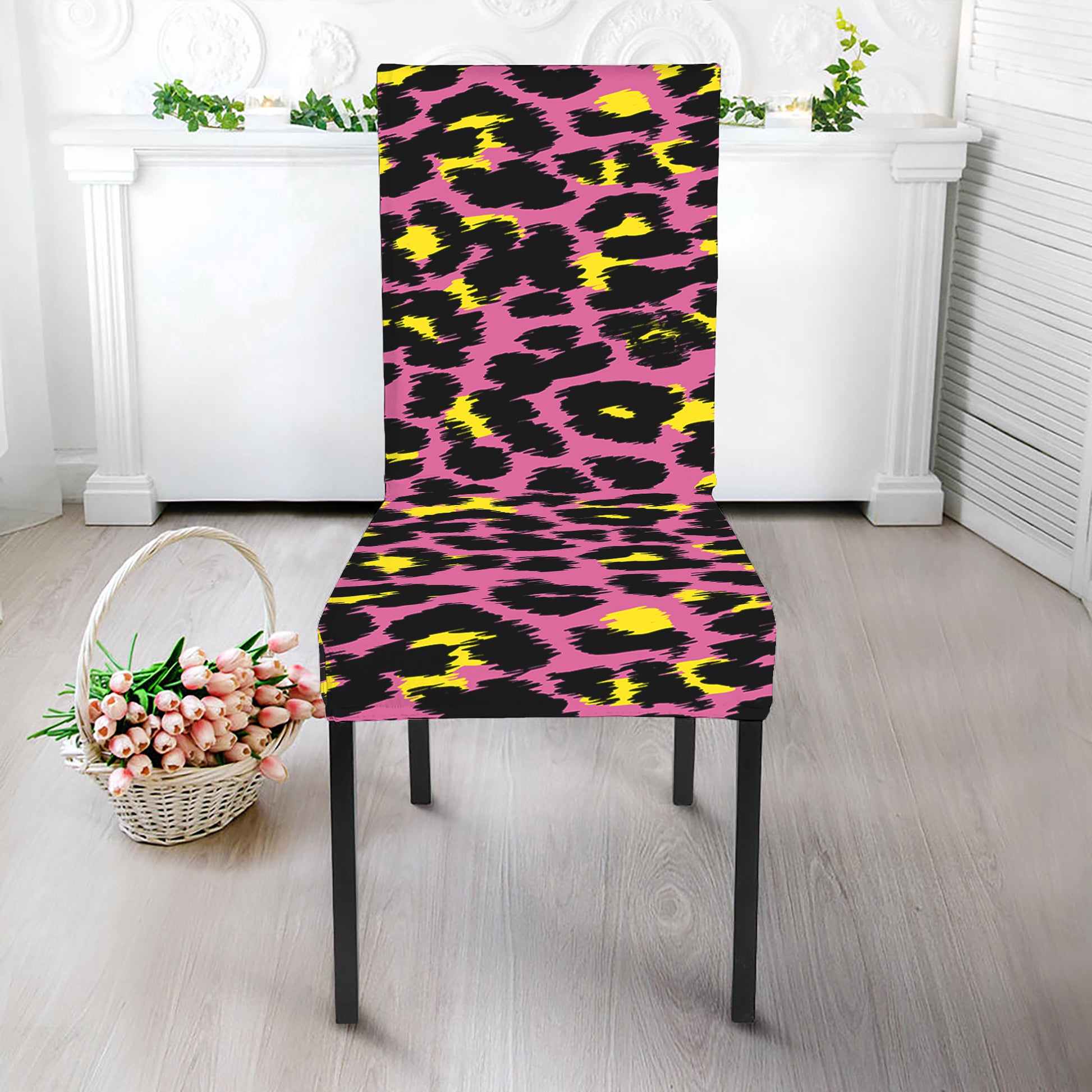 Pink And Yellow Leopard Print Dining Chair Slipcover