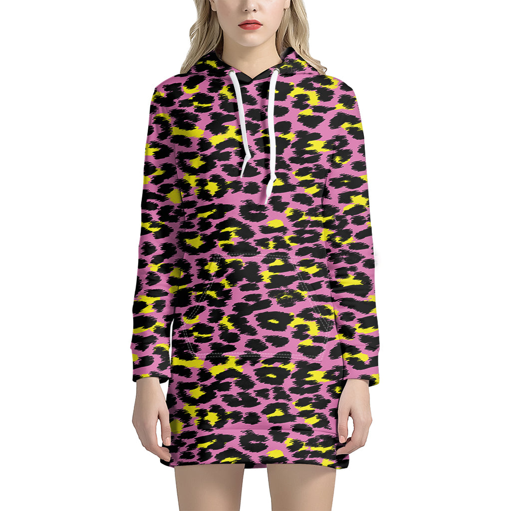 Pink And Yellow Leopard Print Hoodie Dress