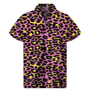 Pink And Yellow Leopard Print Men's Short Sleeve Shirt