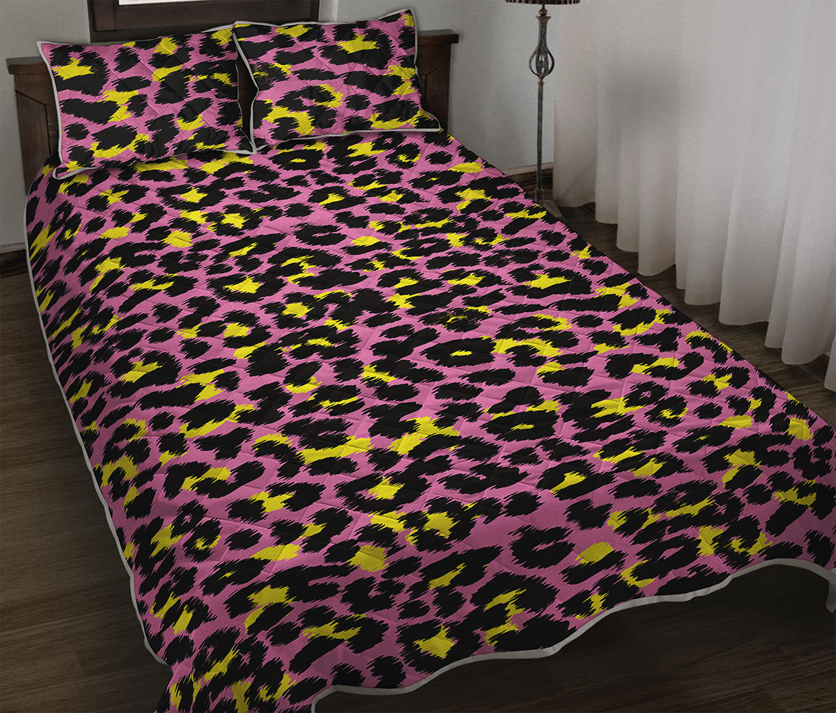 Pink And Yellow Leopard Print Quilt Bed Set