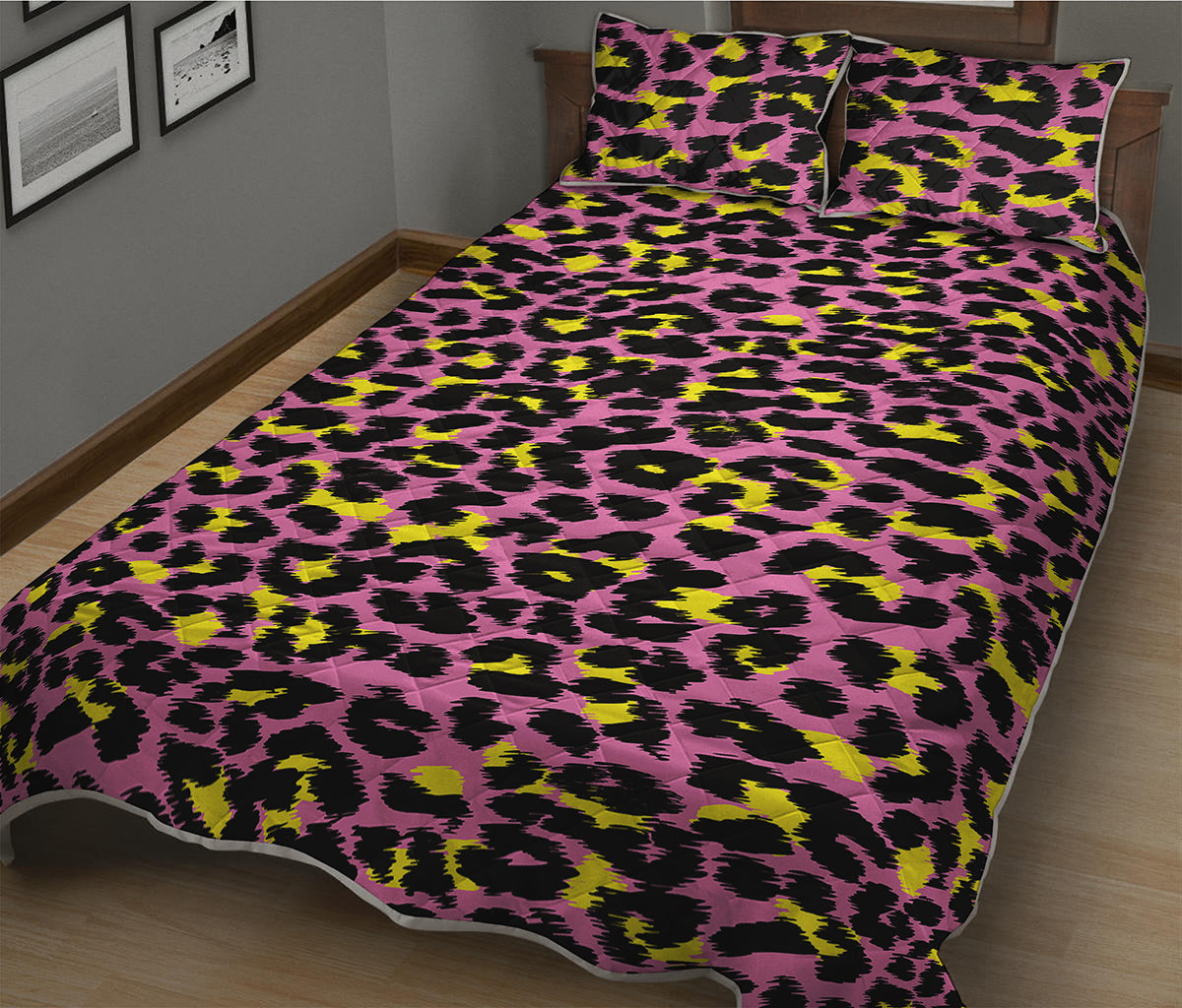 Pink And Yellow Leopard Print Quilt Bed Set