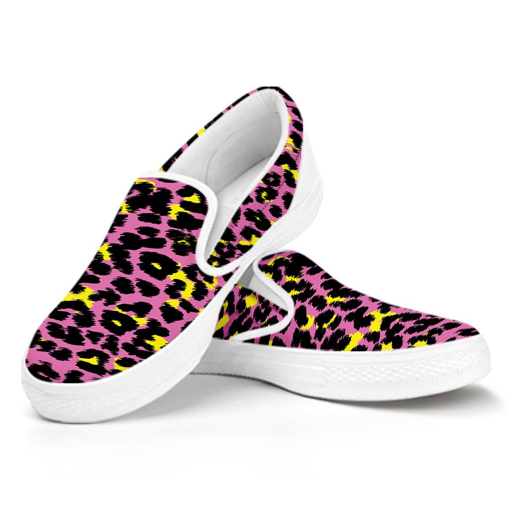 Pink And Yellow Leopard Print White Slip On Shoes