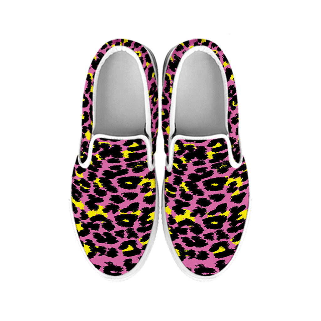 Pink And Yellow Leopard Print White Slip On Shoes