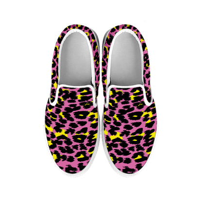 Pink And Yellow Leopard Print White Slip On Shoes