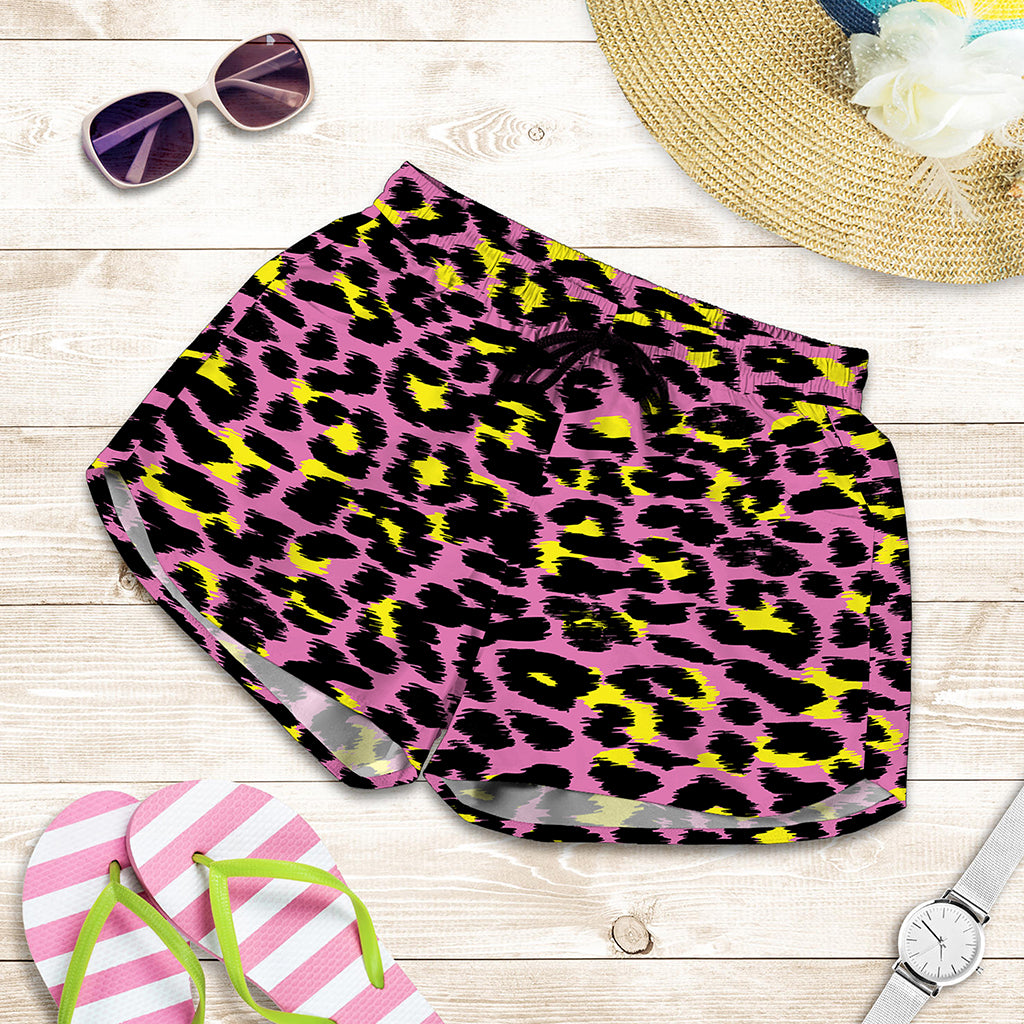 Pink And Yellow Leopard Print Women's Shorts