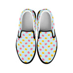 Pink And Yellow Macaron Pattern Print Black Slip On Shoes