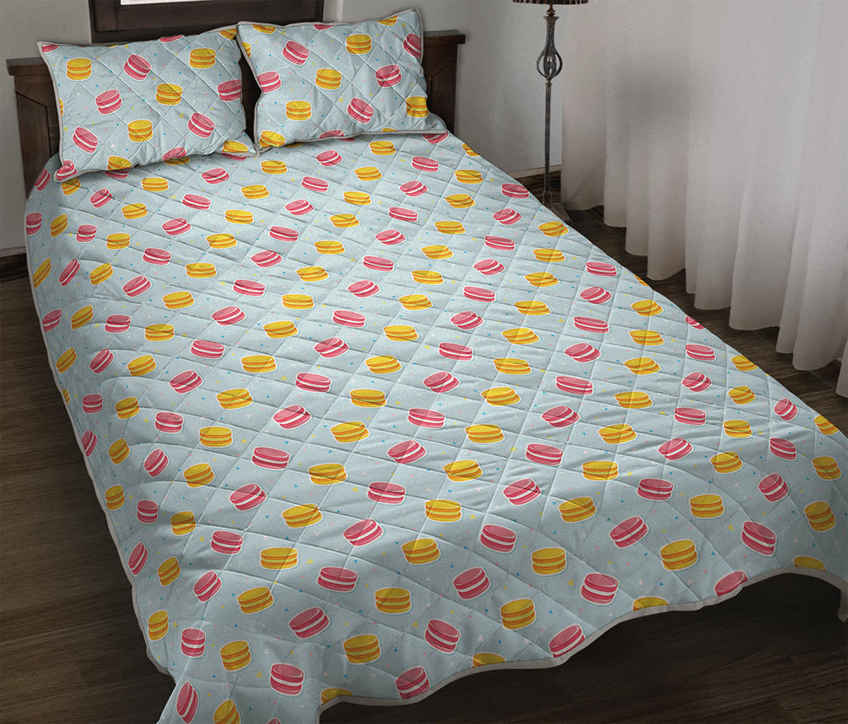 Pink And Yellow Macaron Pattern Print Quilt Bed Set