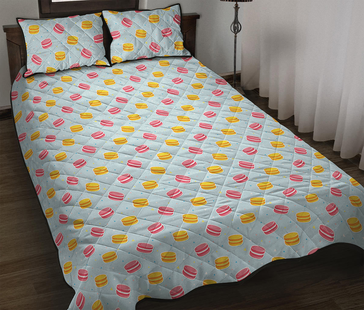 Pink And Yellow Macaron Pattern Print Quilt Bed Set