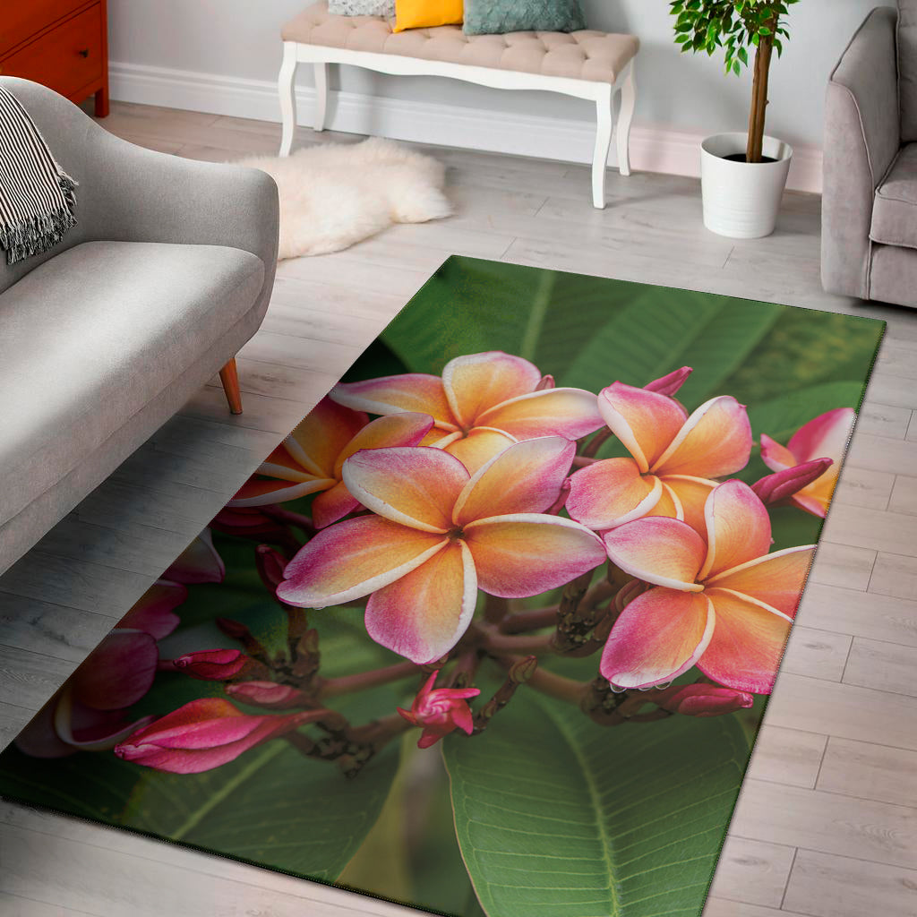 Pink And Yellow Plumeria Flower Print Area Rug