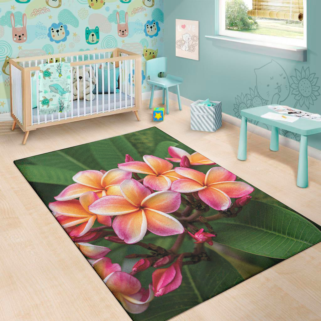 Pink And Yellow Plumeria Flower Print Area Rug