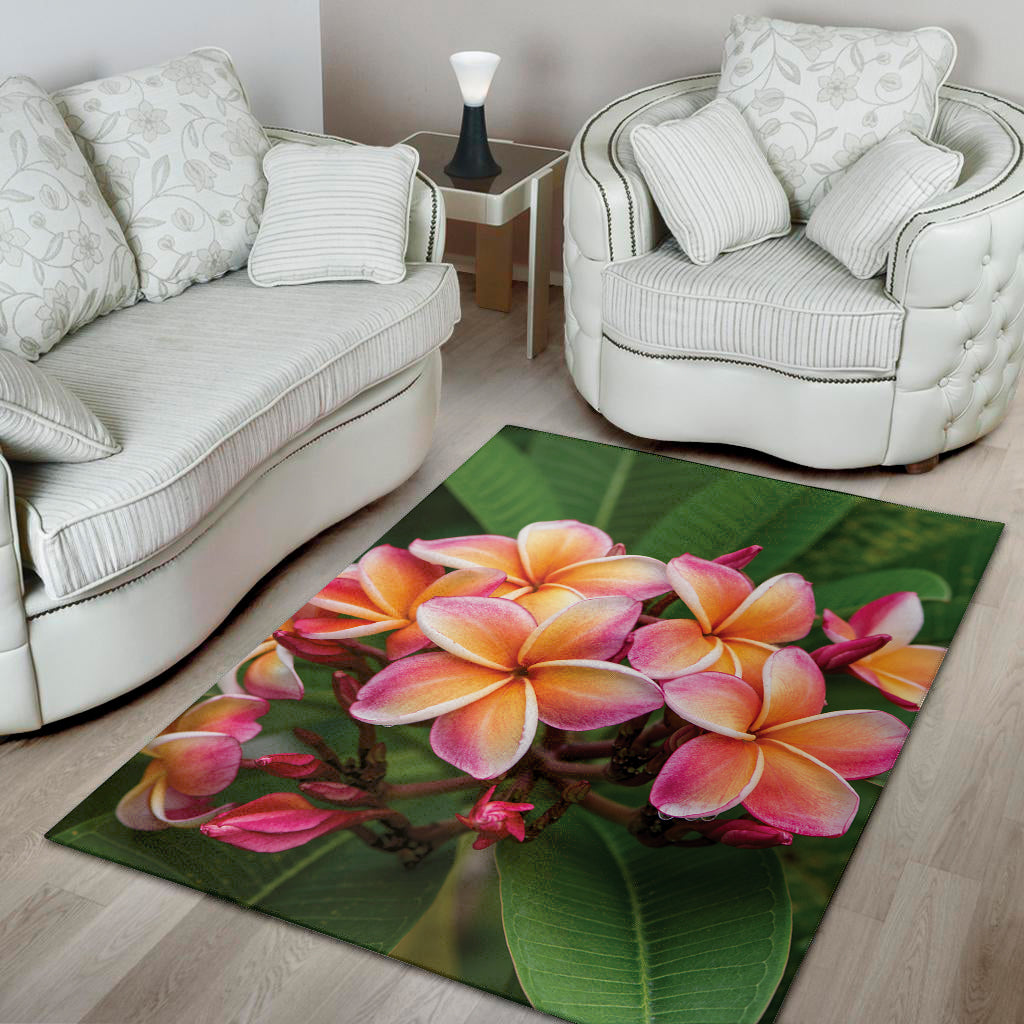 Pink And Yellow Plumeria Flower Print Area Rug