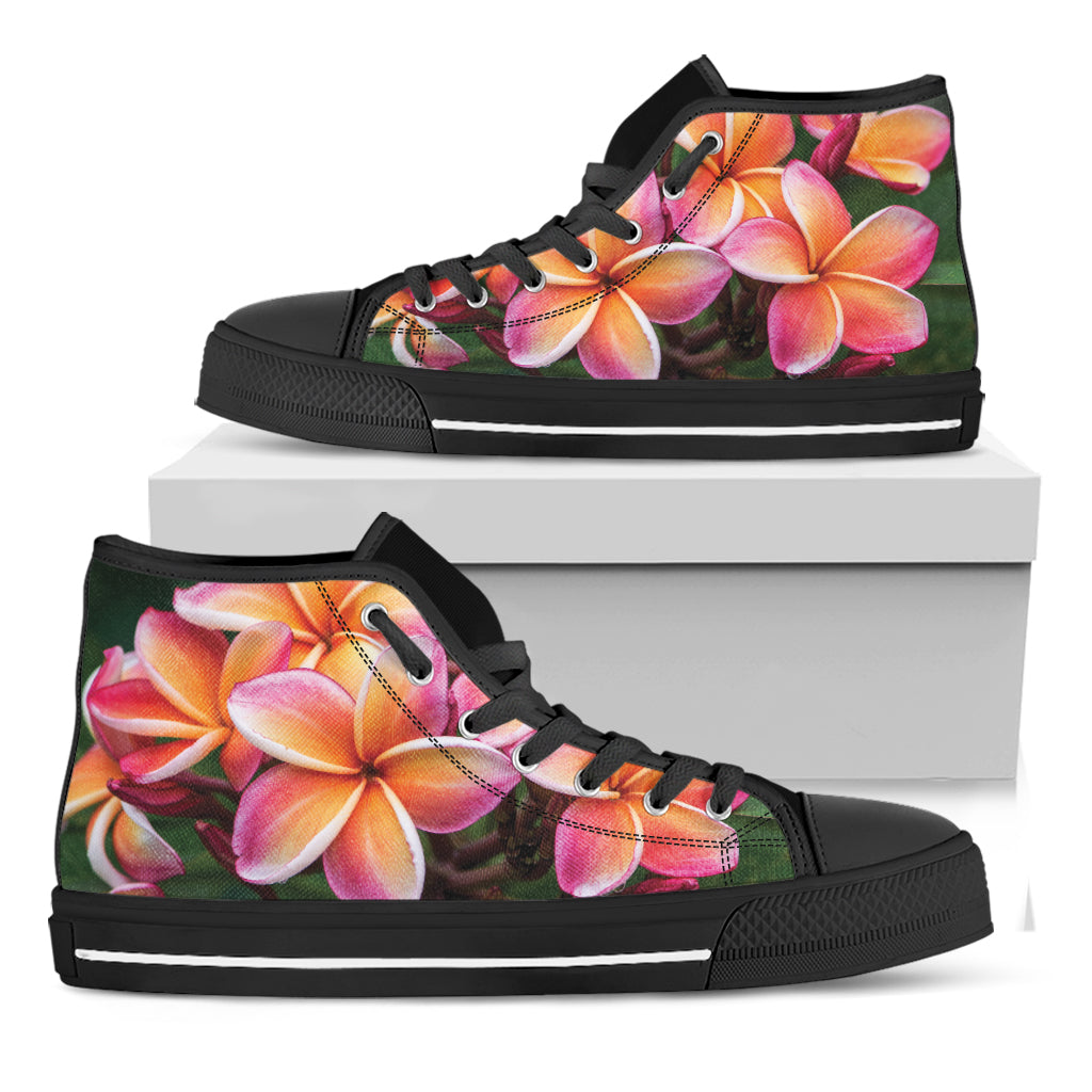 Pink And Yellow Plumeria Flower Print Black High Top Shoes