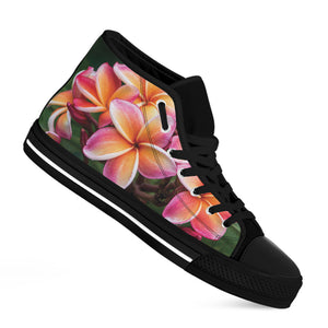 Pink And Yellow Plumeria Flower Print Black High Top Shoes